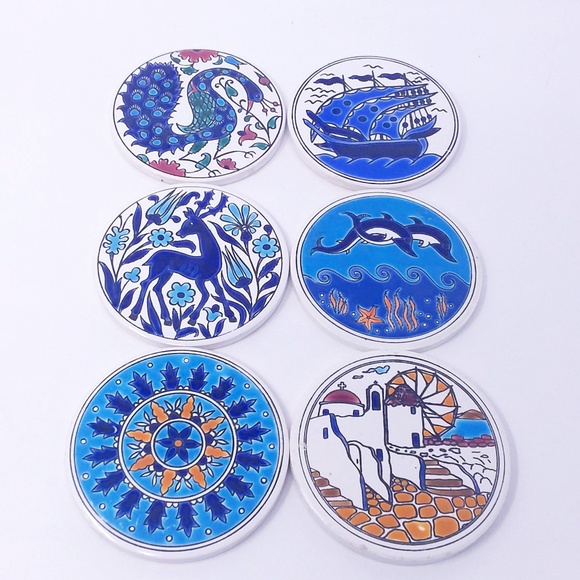 Hand Crafted Other - Set of 6 Hand Made Ceramic Coasters from Greece